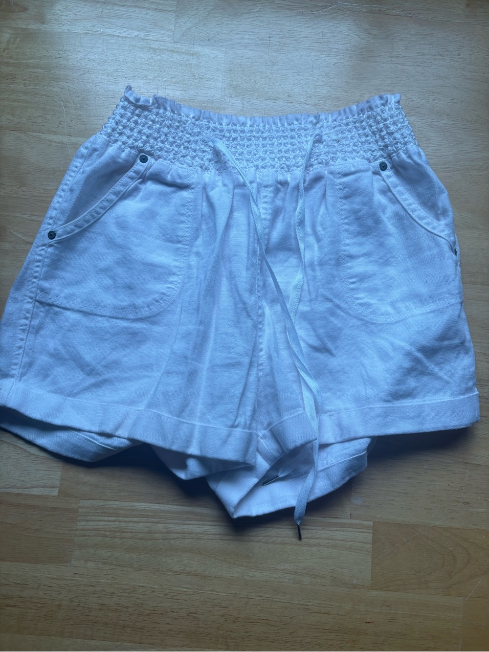 Men's White Flat Front Drawstring Shorts with Smocked Waist